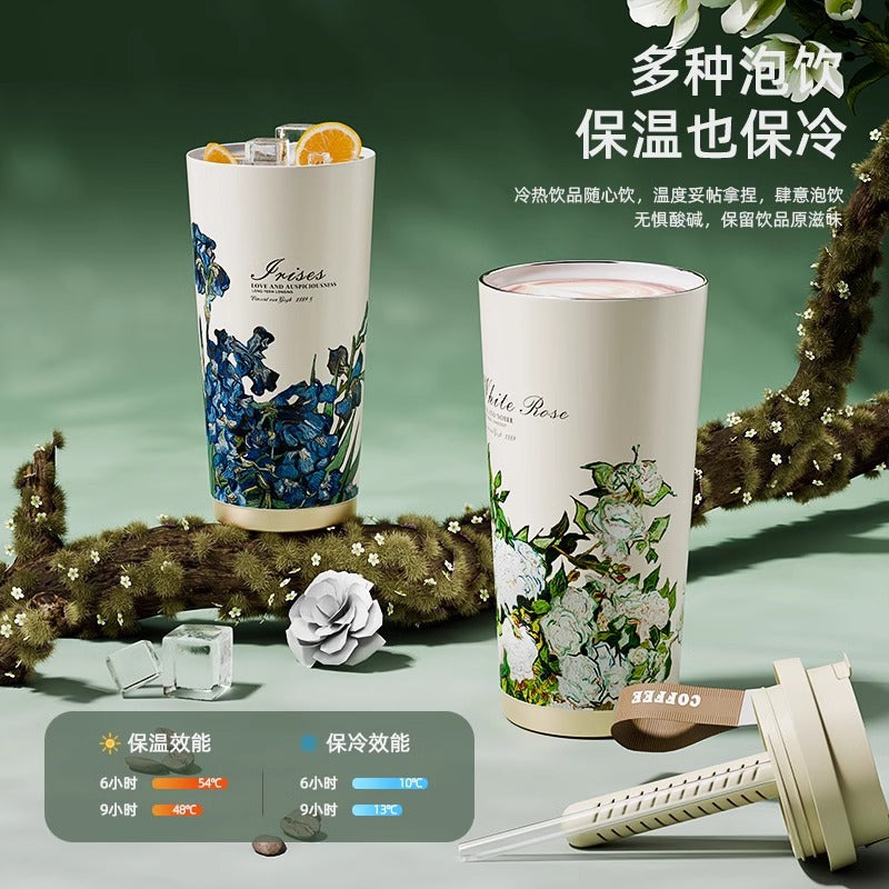 保温杯女生高颜值小清新喷陶内胆咖啡杯子 便携随行吸管水杯Stylish, Fresh-Looking Insulated Coffee Mug for Women with a Glazed Ceramic Liner—Portable Travel Mug with Straw