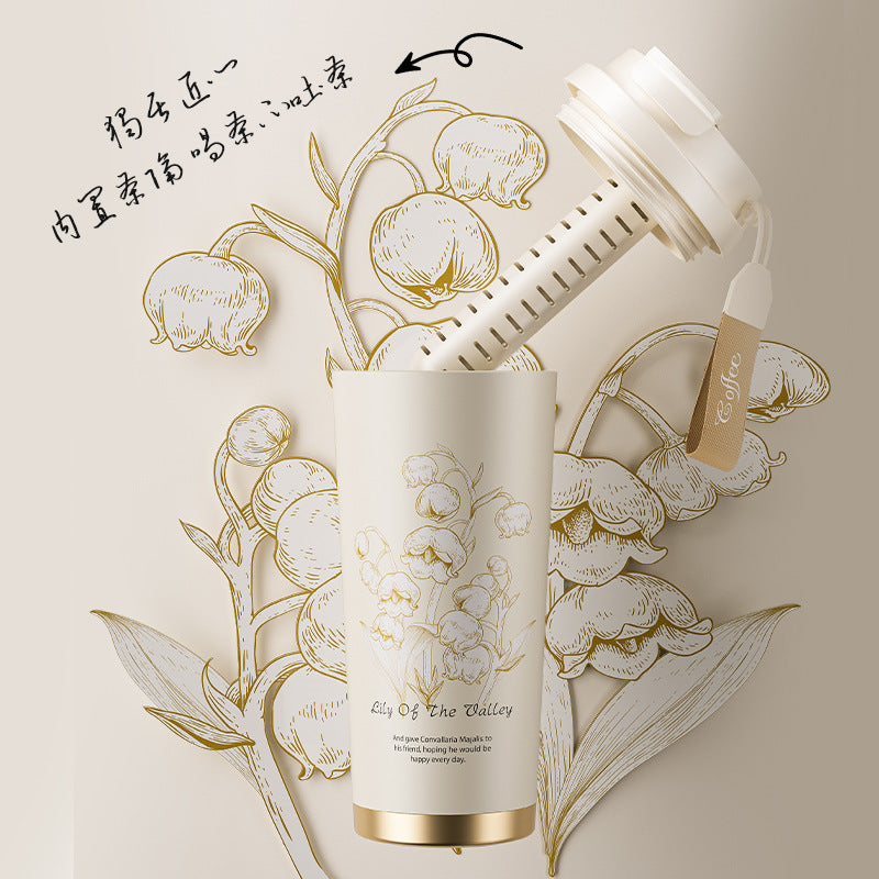 捷安玺铃兰花保温杯咖啡杯女高颜值便携随行杯子吸管水杯Lily of the Valley Insulated Coffee Mug for Women—Stylish, Portable Travel Mug with Straw
