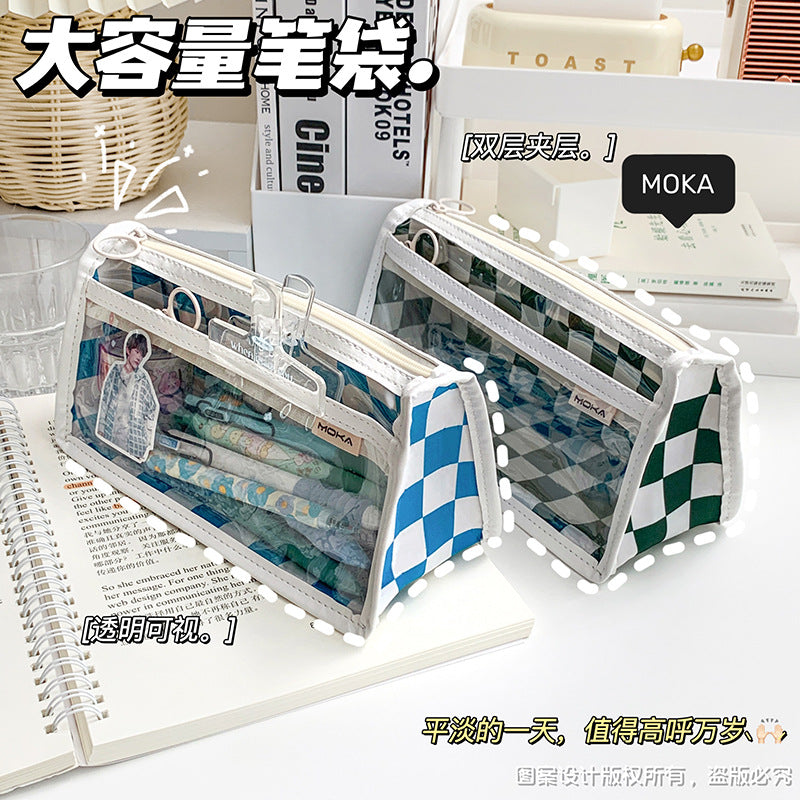 简约三层大容量笔袋ins风黑白棋盘格透明文具袋学生用考试铅笔袋Minimalist 3-Compartment Large-Capacity Pencil Case, Black-and-White Checkered Pattern, Transparent Stationery Pouch, Student Exam Pencil Case