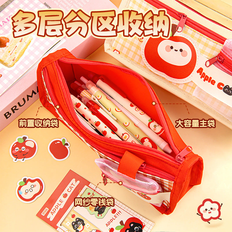 苹果猫卡通分层多层笔袋文具袋高颜值大容量小学生儿童 Apple Cat Cartoon Layered Pencil Case / Stationery Pouch