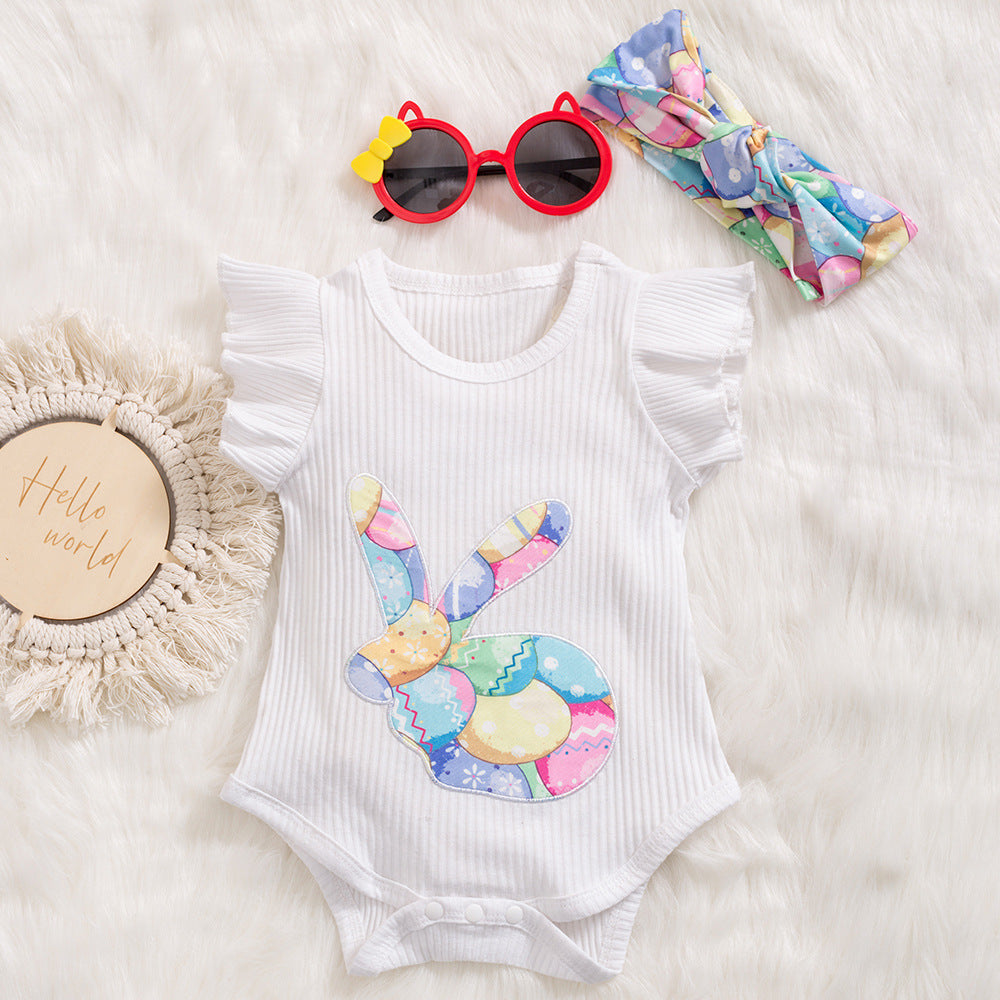 Easter女童飞袖哈衣兔子彩蛋PP裤Easter Girls' Ruffled-Sleeve Hoodie with Rabbit and Easter Egg Print, PP Pants