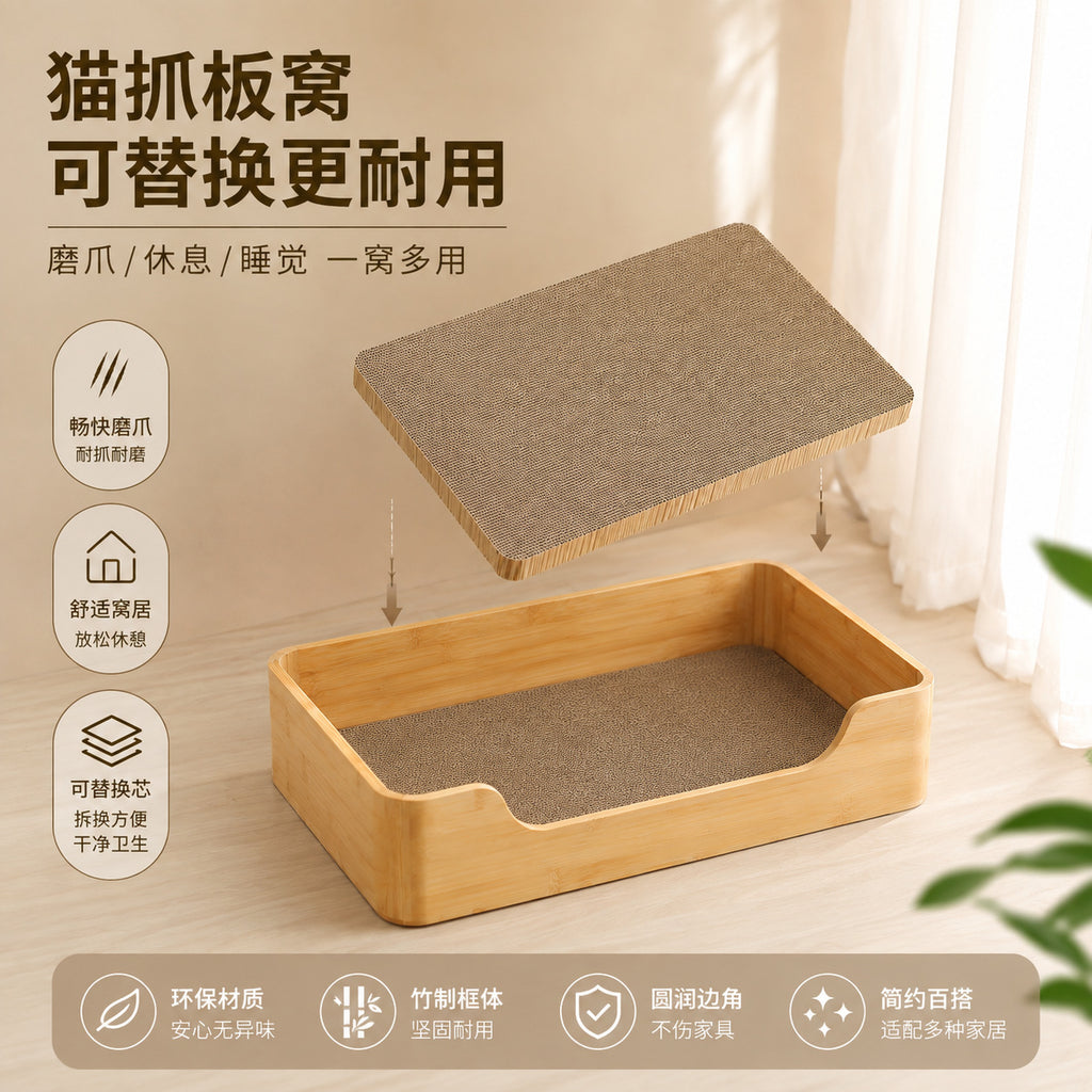 楠竹猫窝猫抓板一体加厚瓦楞纸可替换内芯耐磨四季通用猫咪磨爪垫Bamboo Cat Bed and Scratching Post in One – Thickened Corrugated Cardboard with Replaceable Core, Wear-Resistant, All-Season Cat Scratching Mat
