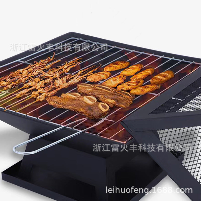 厂家围炉煮茶方形火盆烧烤炉户外便携火炉烤火盆烧烤架取暖火炉Manufacturer’s square fire basin for boiling tea, barbecue grill, portable outdoor stove, heating fire basin, barbecue rack and heater