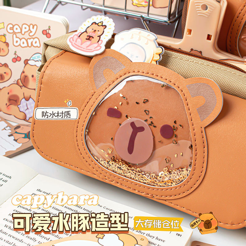 MOKA Cute Capybara Cartoon-Printed Large-Capacity Brown Stationery Pouch for Students