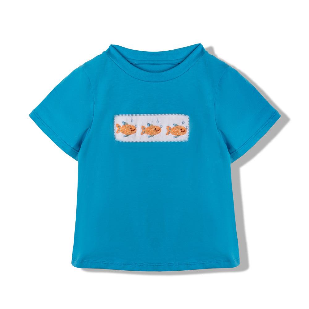 男童打揽刺绣短袖短裤童装儿童卡通刺绣套装 Boys' Embroidered Short-Sleeve T-Shirt and Shorts Set—Children's Cartoon Embroidered Outfit