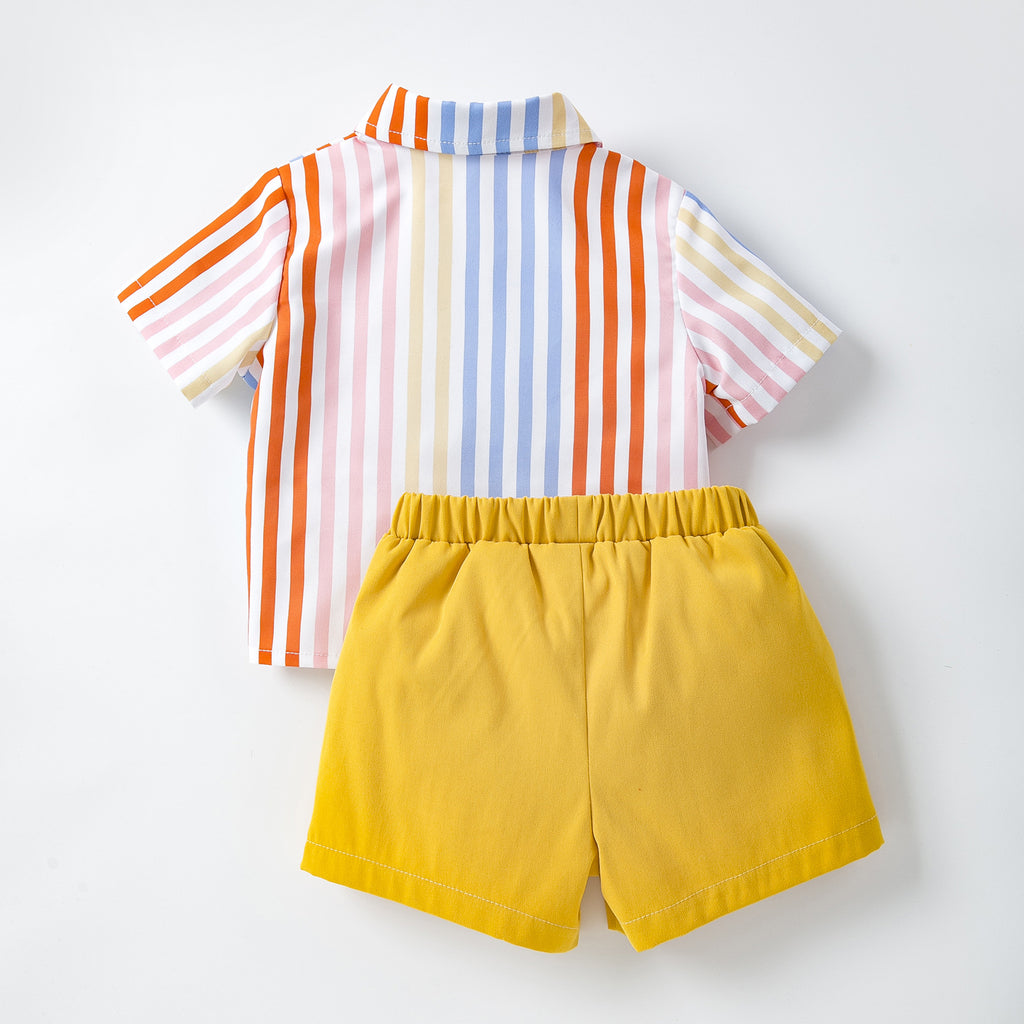 男婴童夏季套装宝宝卡通贴布小熊条纹短袖衬衫休闲短裤2件套Summer Outfit Set for Baby Boys: 2-Piece Set with Cartoon Bear Patch, Striped Short-Sleeve Shirt, and Casual Shorts