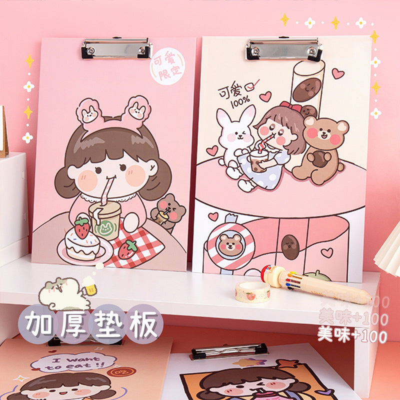 魔卡卡通A4板夹纸质文件夹板大号写字垫板夹资料夹办公文具清新熊Moka Cartoon A4 Clipboard Paper Folder Large Writing Pad Clipboard Document Holder Office Supplies Fresh Bear