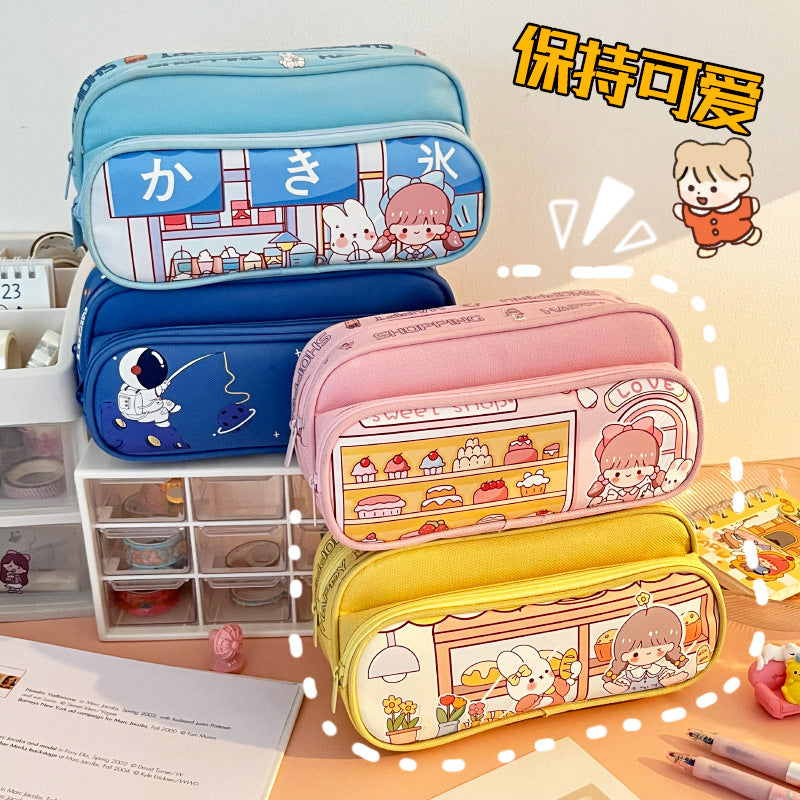 MOKA魔卡大容量双层笔袋女生小学生铅笔盒拉链铅笔袋MOKA Large-Capacity Double-Layer Pencil Case for Girls in Elementary School—Zippered Pencil Case