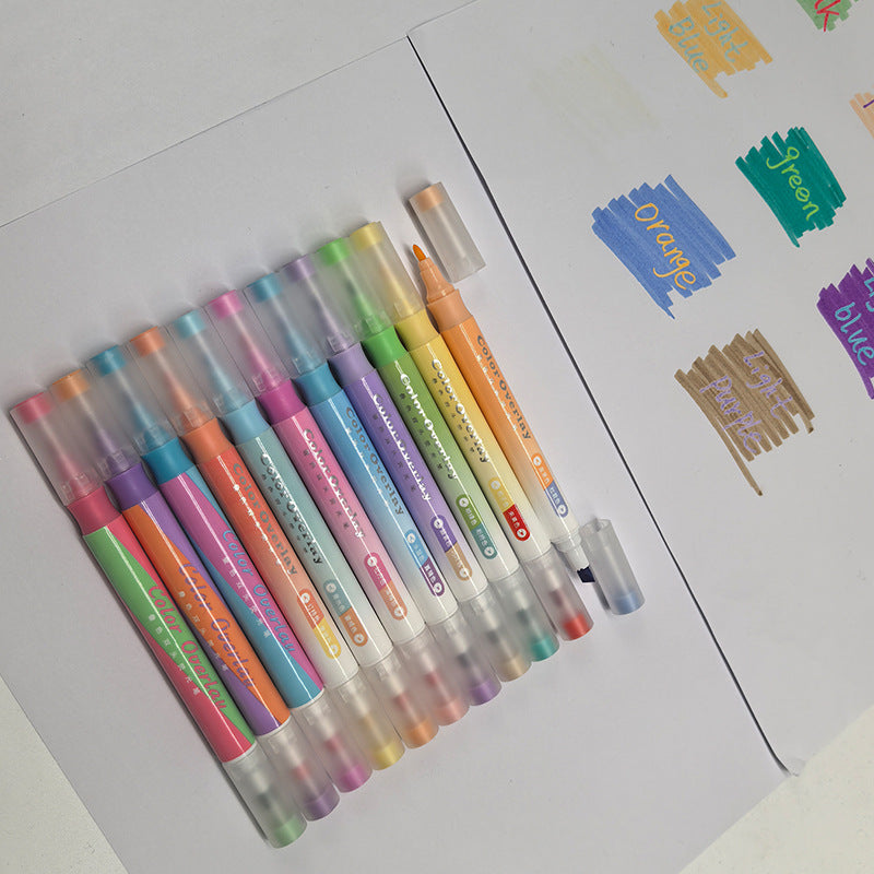 定制叠色水彩笔高颜值笔记双头荧光笔标记划重点标记绘画手账彩笔Customised two-tone watercolour pens: stylish notebooks, dual-tip highlighters for underlining, marking key points, and drawing in bullet journals
