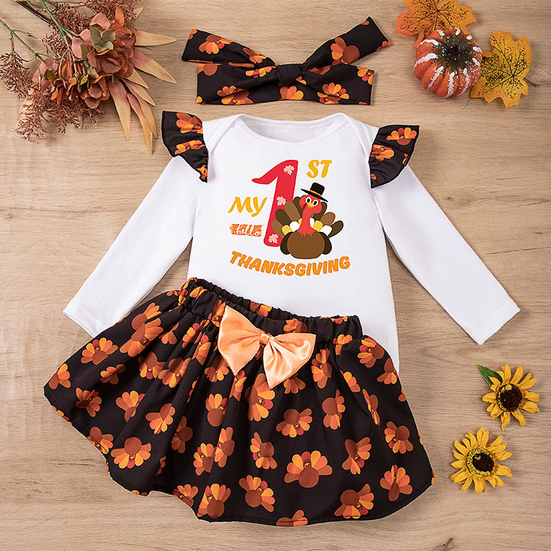 感恩节宝宝派对礼服飞袖哈衣色丁火鸡半身裙套装Thanksgiving Baby Party Dress: Ruffle-Sleeve Rompers with Satin Turkey Skirt Set