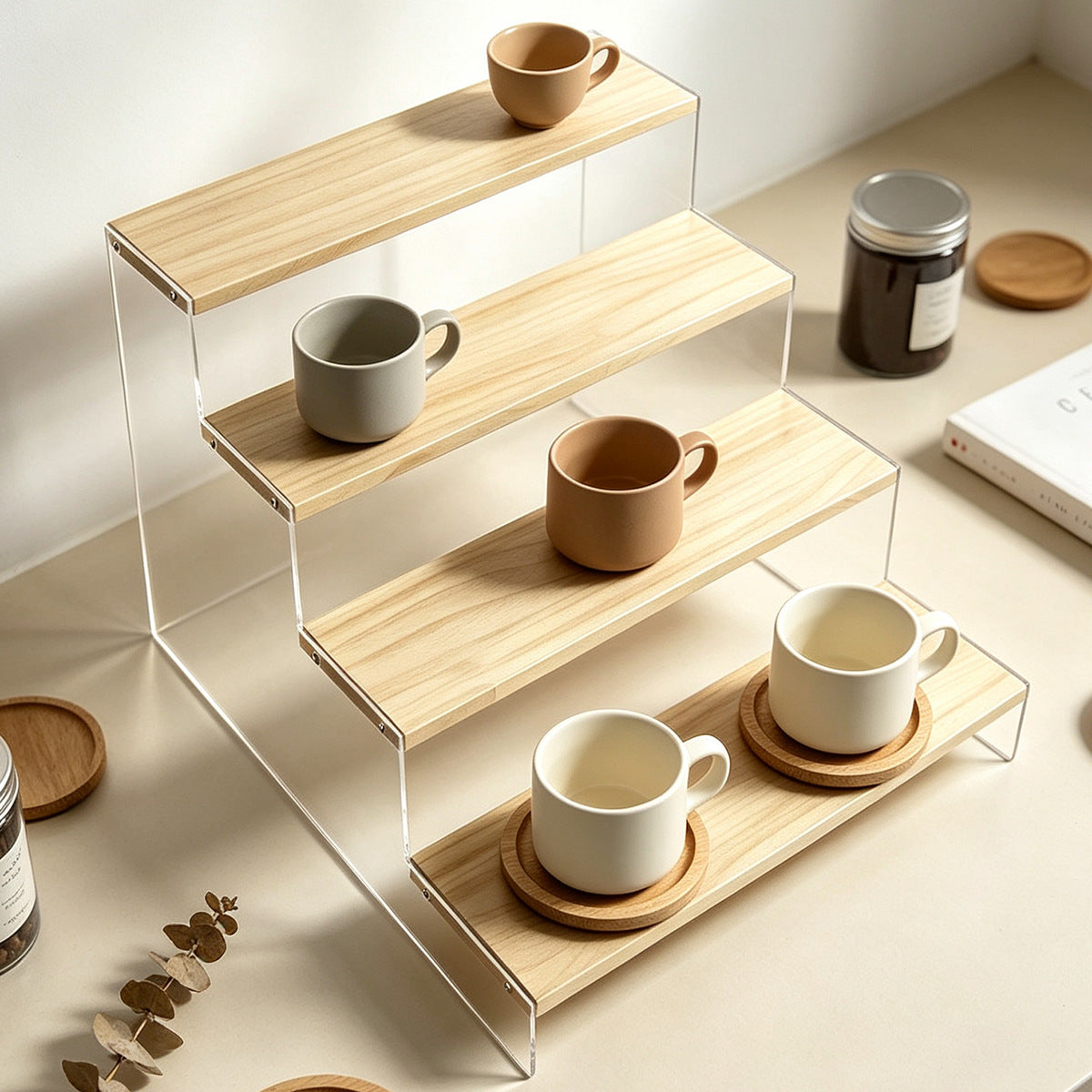 简约木质桌面多层加宽展示架收纳神器杯子茶具用品置物架陈列架Minimalist wooden tabletop multi-tiered wide display stand – the ultimate storage solution for cups, teaware and other items; storage rack and display stand