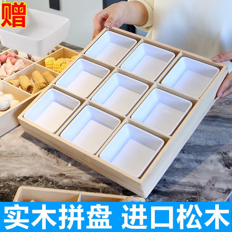 Solid Wood Nine-Square Platter, Divided Serving Tray, for Hot Pot Restaurants, Tableware, Snacks, Melamine Fruit Bowls and Vegetable Plates, for Home