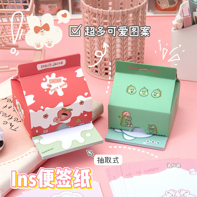 创意便利贴ins风日系卡通抽取式盒装备忘无粘性牛奶盒便签纸手帐Creative Post-it Notes: Cartoon, Pull-Out Box, Non-Sticky Milk Carton-Style Sticky Notes for Bullet Journals