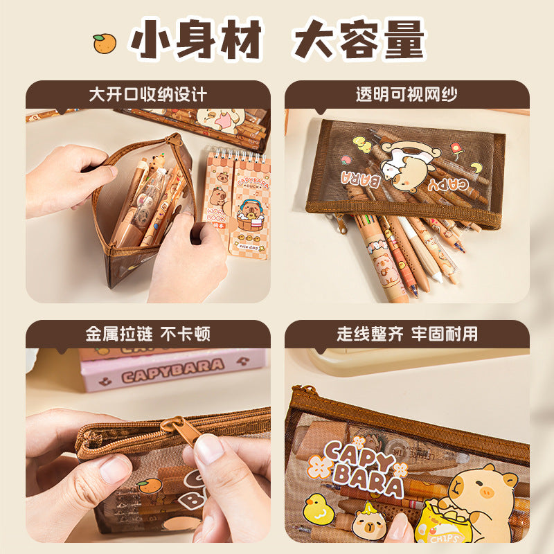 可爱卡皮巴拉文具盒学生补课用大容量考试便携透明柔软网纱笔袋Cute Capybara Pencil Case: Large-Capacity, Portable, Transparent, Soft Mesh Pencil Pouch for Students' Tutoring and Exams
