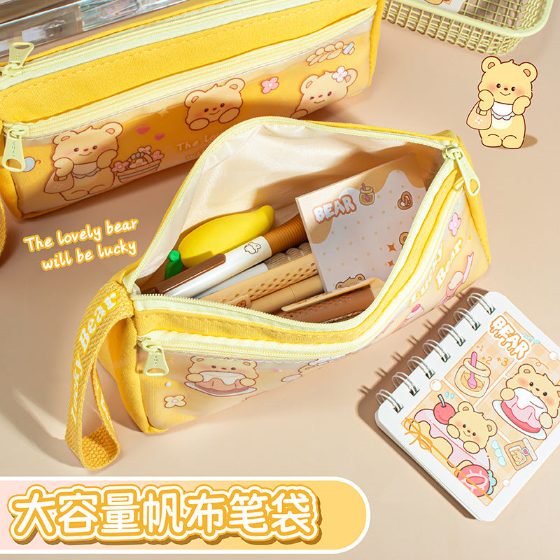 MOKA小熊帆布三角笔袋透明前袋手提设计大容量笔袋文具盒铅笔盒MOKA Bear Canvas Triangular Pencil Case with Transparent Front Pocket, Handle Design, Large Capacity Pencil Case, Stationery Case, Pencil Box