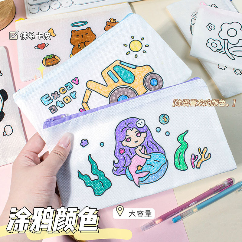 卡通DIY无纺布笔袋可爱文具收纳袋大容量学生简约铅笔袋手动填色Cartoon DIY Non-Woven Fabric Pencil Case, Cute Stationery Pouch, Large Capacity Student Pencil Case, Minimalist Design, Manual Coloring