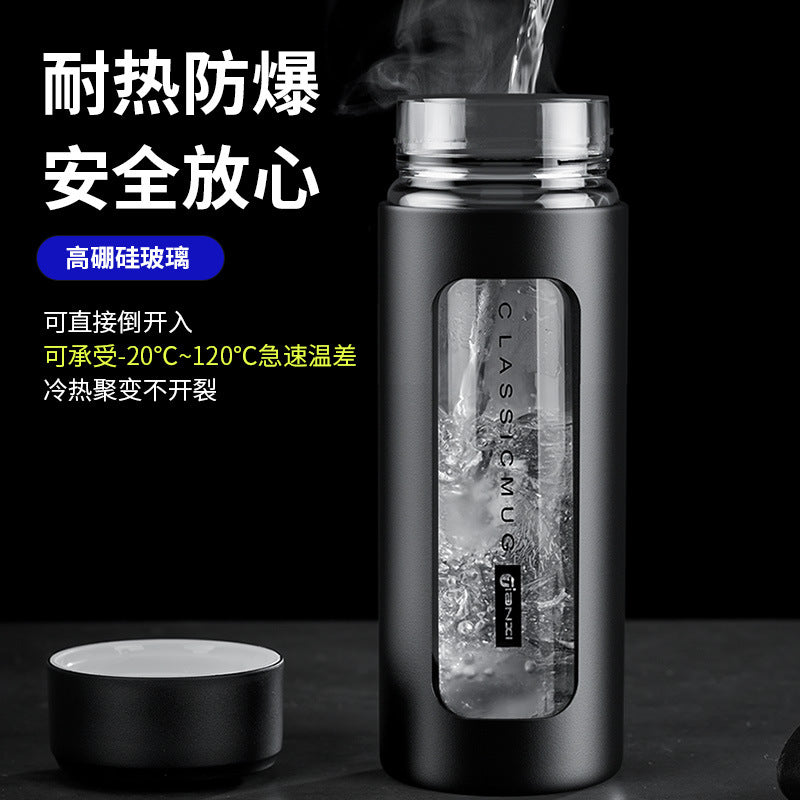 新款男士车载便携双层隔热塑玻泡茶杯 户外简约高硼硅玻璃杯批发 Men's Portable Double-Layer Insulated Plastic-Lined Glass Tea Cup for the Car—Minimalist Outdoor Borosilicate Glass Cup