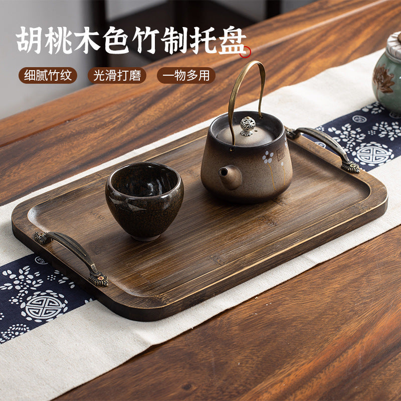 轻奢复古竹制托盘长方形胡桃木色中式餐厅酒店提手茶具泡茶水茶盘Lightly luxurious, vintage-style bamboo tray; rectangular, walnut-coloured Chinese-style dining and hotel tea set with handles and tea tray
