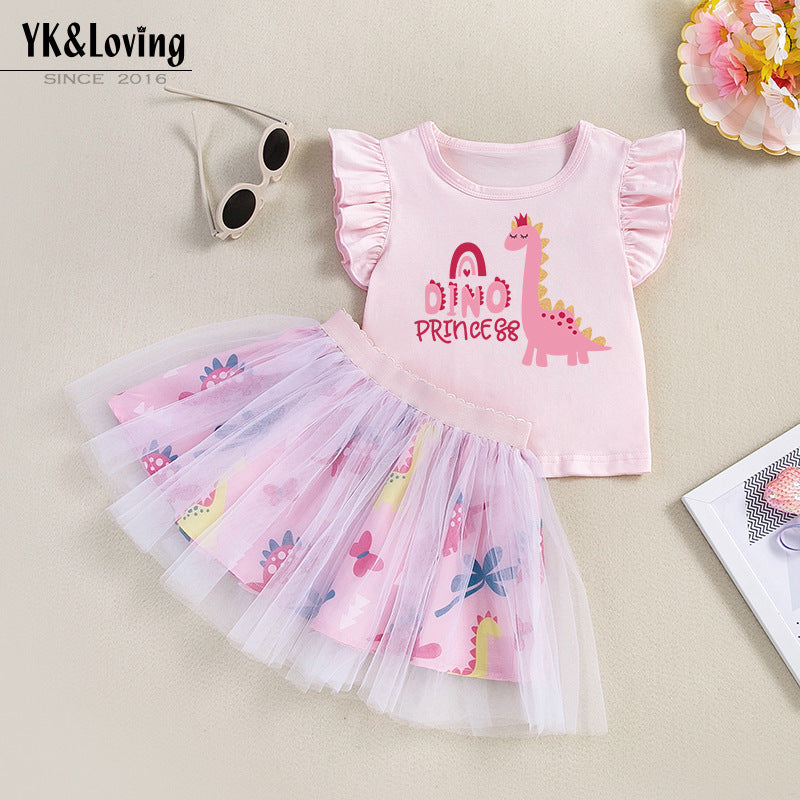 女童套装印花恐龙飞袖T恤半身公主裙2件套儿童节日礼服Girls' 2-Piece Set: Printed Dinosaur T-Shirt with Flare Sleeves and Princess Skirt—Trendy Children's Holiday Outfit