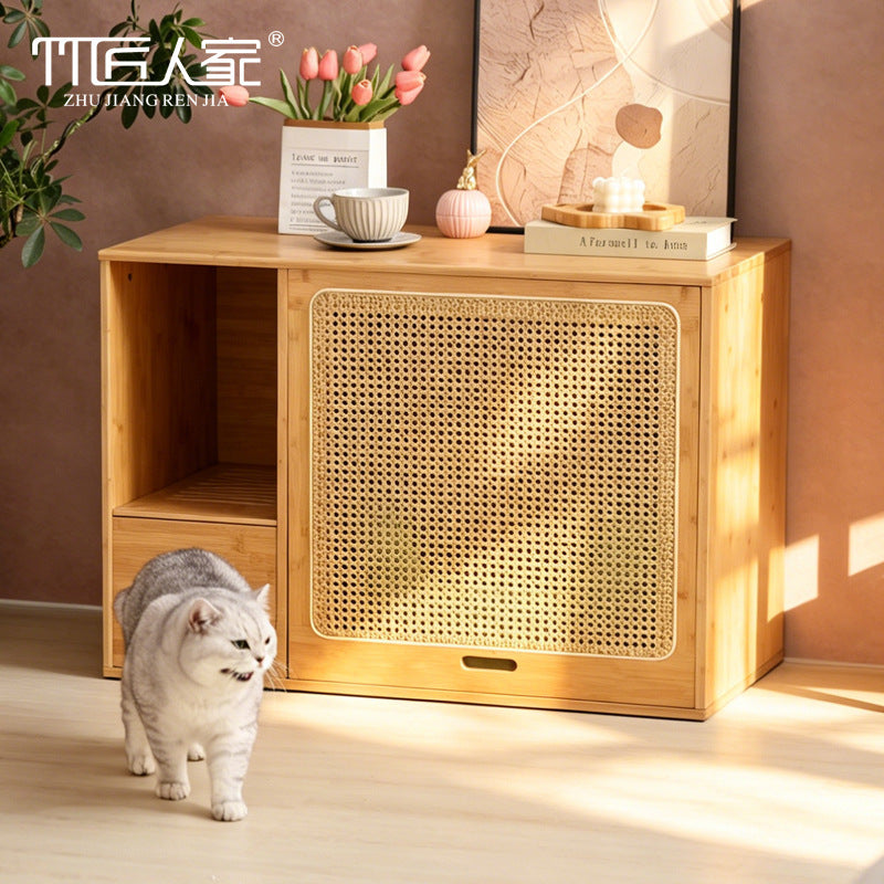 竹制藤编猫砂柜猫厕所通风隔臭猫厕储物一体家用隐藏猫砂盆宠物柜Bamboo and rattan cat litter cabinet – ventilated, odour-proof cat toilet with integrated storage; concealed household cat litter tray and pet cabinet