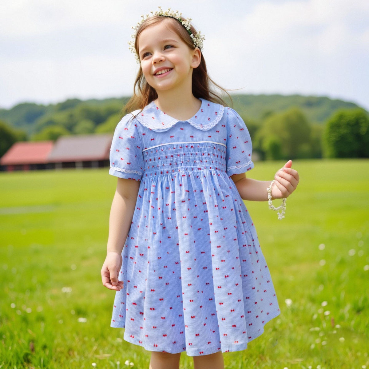 女童连衣裙短袖童裙打揽裙子彩点棉布花边领可爱公主裙 Girls' Dress, Short-Sleeve, Flared, Polka-Dot Cotton, Lace Collar, Cute Princess Dress