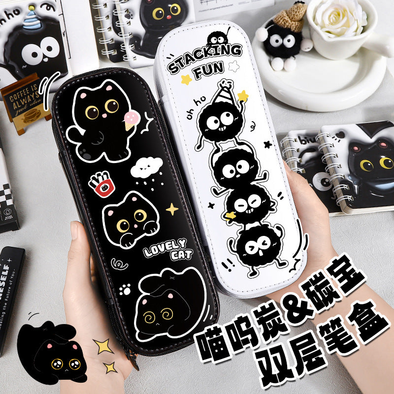 可爱双层笔袋大容量学生用文具袋高颜值卡通学生用品文具盒铅笔盒Cute Double-Layer Pencil Case, Large-Capacity Student Stationery Bag, Stylish Cartoon Student Supplies, Stationery Case, Pencil Case