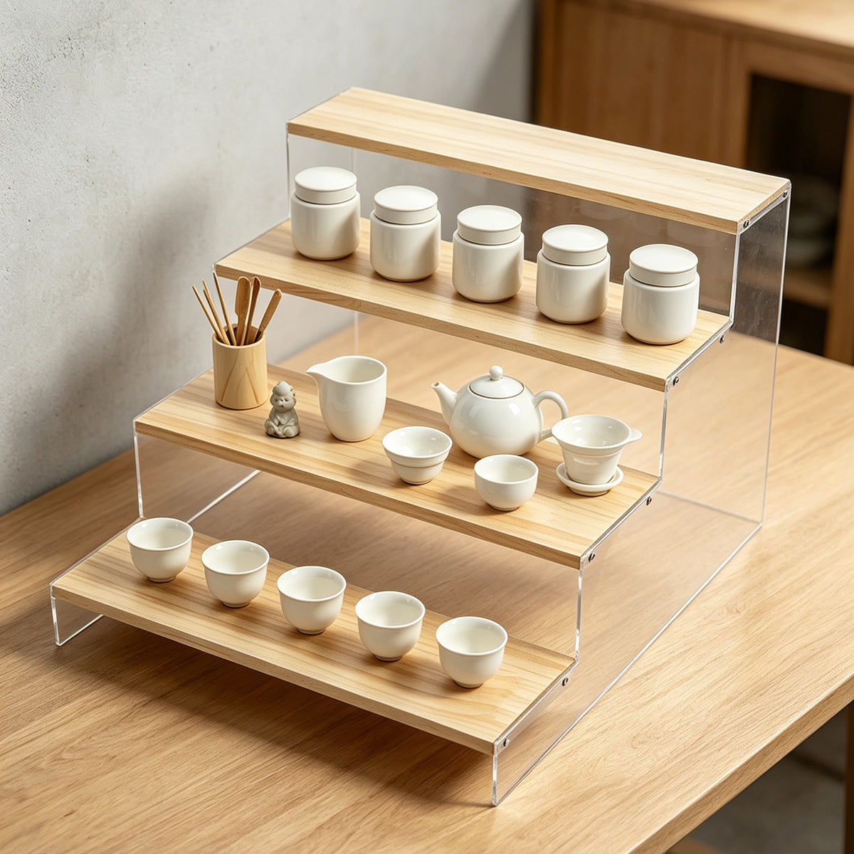 简约桌面多层置物架木质家用茶具杯子加宽摆放收纳架餐边柜陈列架Minimalist multi-tiered wooden desktop storage rack for home use; tea sets and cups; wide display and storage rack; sideboard display stand