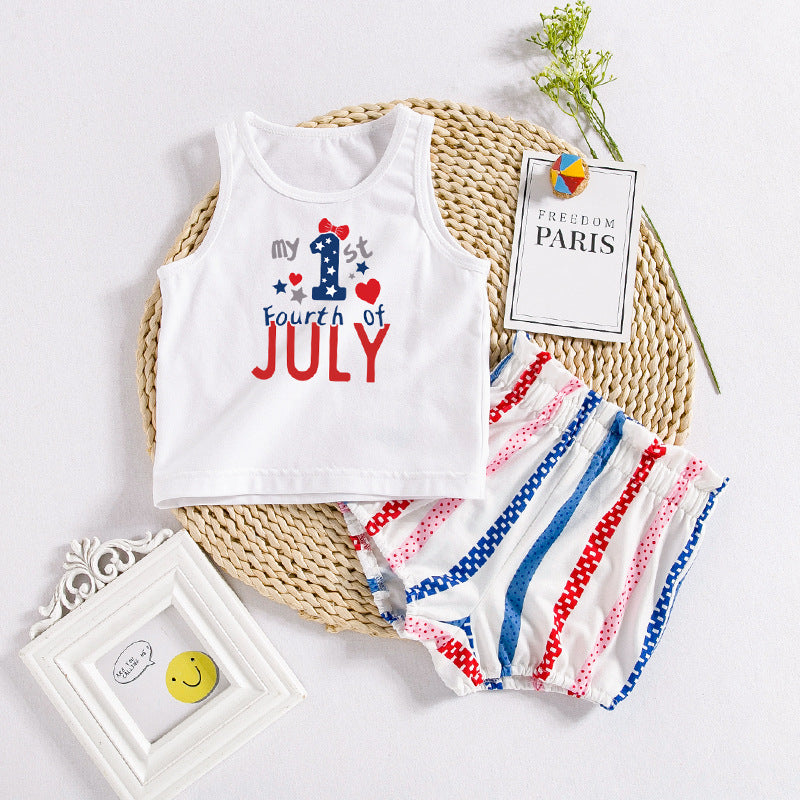 美国独立日套装印花字母无袖T恤条纹短裤2件套American Independence Day Baby Outfit Set: Printed Letter Sleeveless T-Shirt and Striped Shorts (2-Piece Set)