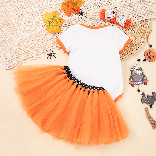 Halloween Costume: 100% Cotton Short-Sleeve Embroidered Witch Hat, Pumpkin Onesie, and Bow Handmade Skirt SetHalloween Costume: Short-Sleeve Embroidered Witch Hat, Pumpkin Onesie, and Bow Handmade Skirt Set