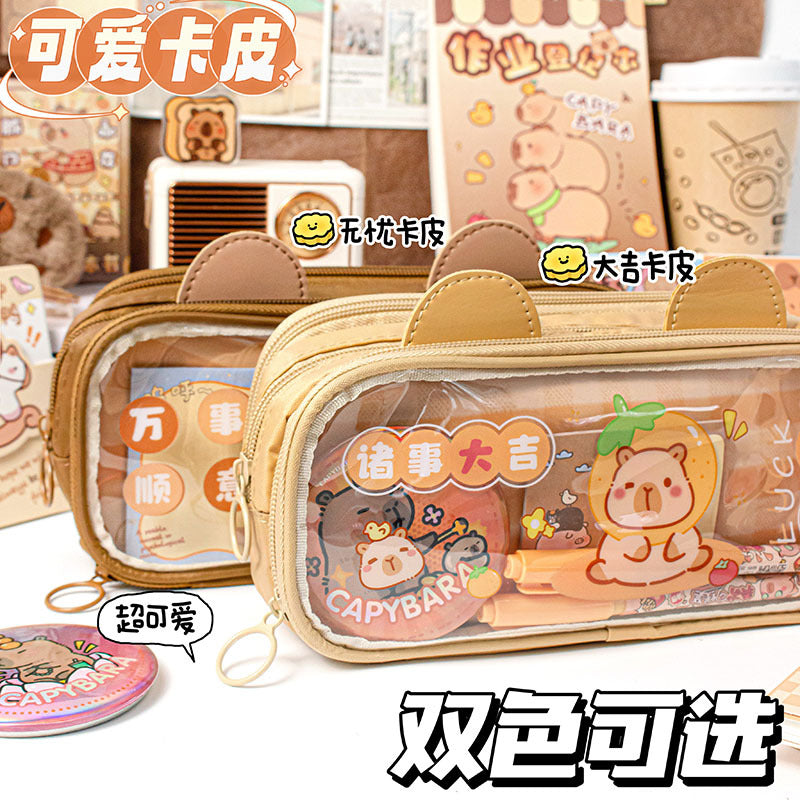 卡皮巴拉笔袋女孩小学生2026新款多层大容量儿童文具铅笔盒批发 Capybara Pencil Case for Girls: Elementary School Students—Multi-Compartment, Large-Capacity Children's Stationery Pencil Case
