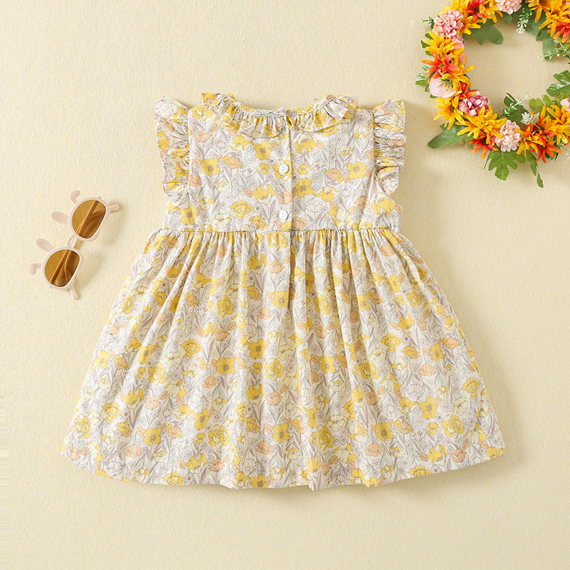 女童连衣裙雏菊刺绣田园复古打揽碎花小飞袖公主裙清新 Girls' Dress: Daisy Embroidery, Rustic Vintage Style, Ruffled Floral Print, Cap Sleeves, Princess-Style, Fresh and Charming