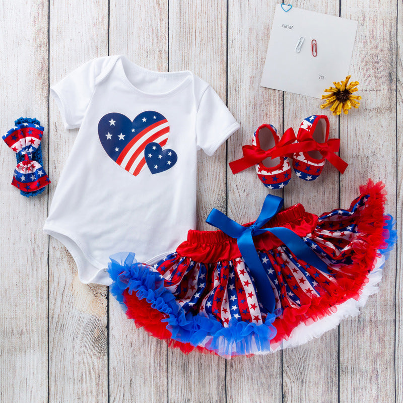独立婴儿套装白色卡通小童短袖哈衣星星蓬蓬裙 White Cartoon-Printed Short-Sleeve Onesie and Star-Printed Puffy Skirt Set for Babies