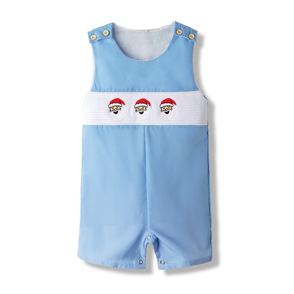 无袖婴幼儿中性圣诞老人刺绣打揽背带裤长款背心款连体裤Sleeveless Unisex Baby and Toddler Santa Claus Embroidered Long-Sleeve Romper with Back Straps
