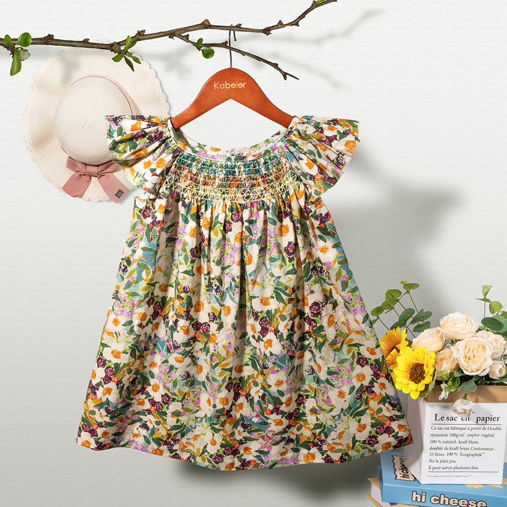 女童打揽碎花连衣裙复古女宝宝飞袖印花公主裙 Girls' Ruffled Floral Dress Vintage-Style Baby Girl Princess Dress with Flare Sleeves and Print