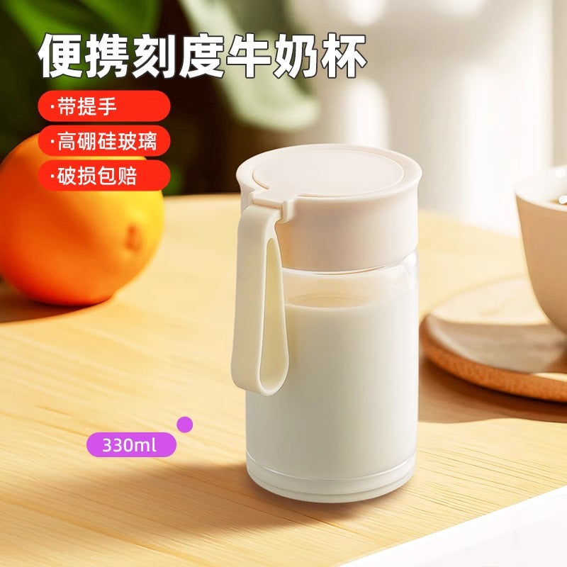 带提手刻度牛奶杯微波炉可加热豆浆杯家用便携外带玻璃水杯燕麦杯Milk Cup with Handle and Measurement Markings, Microwave-Safe Soy Milk Cup, Household Portable Takeout Glass Water Cup, Oatmeal Cup