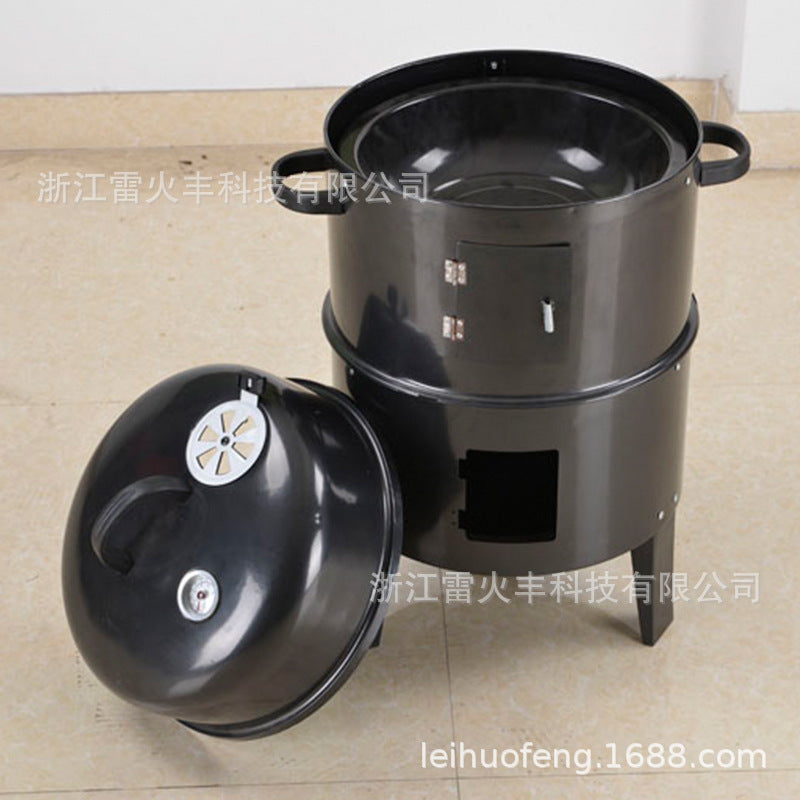 户外庭院三合一黑色烟熏炉焖烤炉烧烤炉圆形熏烤炉木炭烧烤炉定制Outdoor Garden 3-in-1 Black Smoker, Braiser and Barbecue – Round Smoker, Charcoal Barbecue – Customisable
