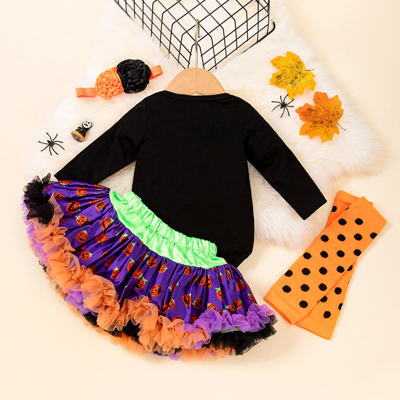 万圣节婴儿服饰女宝宝卡通南瓜长袖哈衣公主裙套装Halloween Baby Outfit for Girls: Cartoon Pumpkin Long-Sleeve Onesie and Princess Dress Set