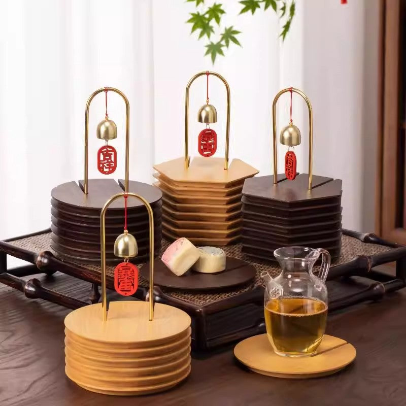 圆盘风铃款黑胡桃木餐桌隔热垫防烫高颜值实木茶杯垫餐垫套装收纳Round Wind Chime-Style Black Walnut Dining Table Coaster Set: Heat-Resistant, Stylish Solid Wood Teacup Coasters and Placemats with Storage