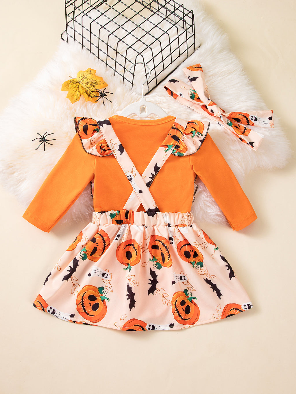 万圣节裙套装宝宝长袖三角哈衣荷叶边南瓜印花背带裙派对服 Halloween Dress Set for Babies: Long-Sleeve Triangle Rompers with Ruffles and Pumpkin Print Overalls—Party Outfit