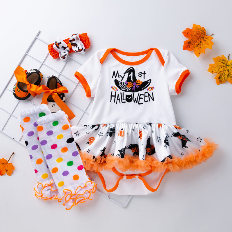 万圣节婴幼儿服饰女宝宝卡通绣花女巫帽短袖公主裙袜套装Halloween Baby and Toddler Outfit: Girls' Cartoon Embroidered Witch Hat, Short-Sleeve Princess Dress, and Socks Set