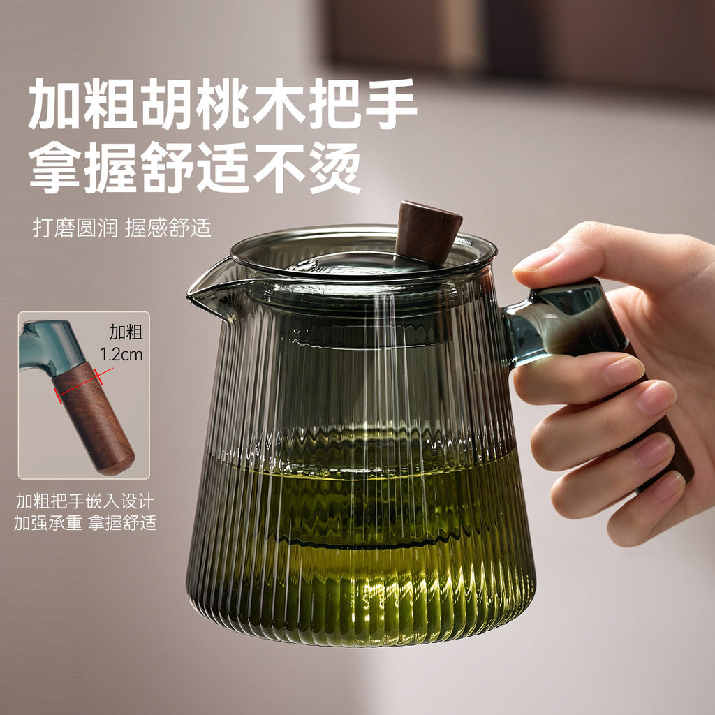 捷安玺竖纹玻璃茶壶新款家用待客木把煮茶壶高硼硅耐热玻璃泡茶壶Vertical-Striped Glass Teapot Home and Guest-Friendly Wooden-Handle Teapot, High-Borosilicate Heat-Resistant Glass Teapot