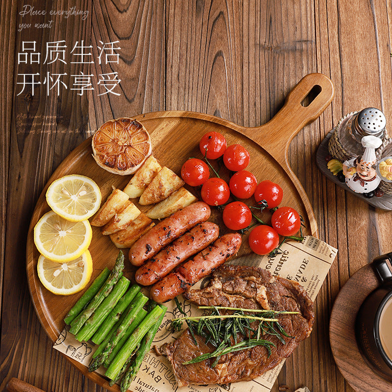 家逸相思木料理摆盘（中号）KAYI Acacia Wood Pizza Tray Steak Board with Handle Round Medium Size