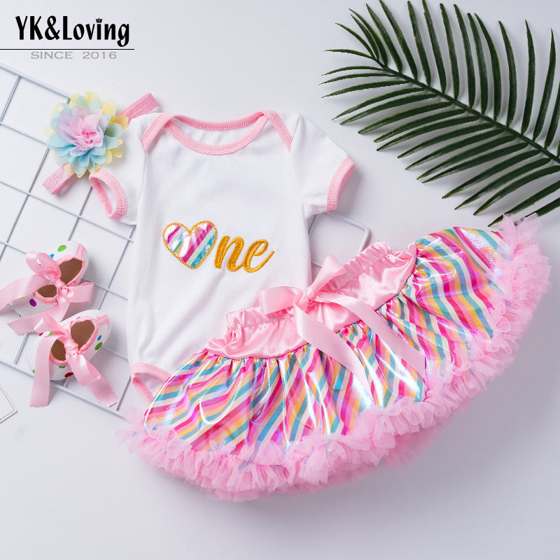 欧美宝宝生日套装婴儿周岁节日装夏季短袖绣花爬服公主裙套装Baby Birthday Outfit Set: 1st Birthday Outfit, Summer Short-Sleeve Embroidered Romper and Princess Dress Set