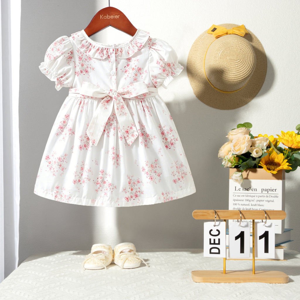 夏季女童手工打揽绣花连衣裙法式重工碎花裙公主裙Summer Handmade Embroidered Dresses for Girls: French-Style Heavy Embroidery Floral Print Princess Dresses