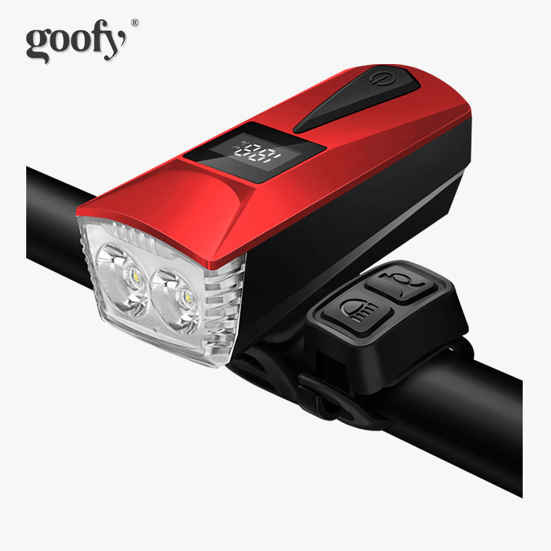 多功能自行车前灯带警鸣与喇叭灯双T6光源数显自行车灯Multifunctional bicycle front light with warning beeper and horn, dual T6 light sources and digital display