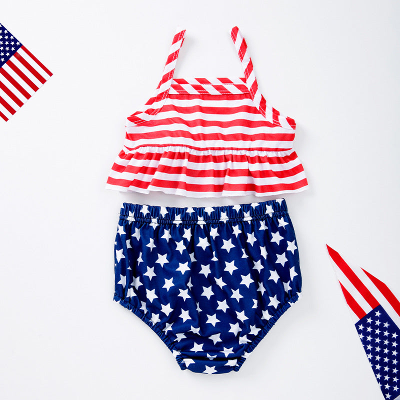 美国独立日宝宝服饰套装印花字母无袖T恤条纹短裤2件套Independence Day Baby Outfit Set: Printed Letter Sleeveless T-Shirt and Striped Shorts, 2-Piece Set