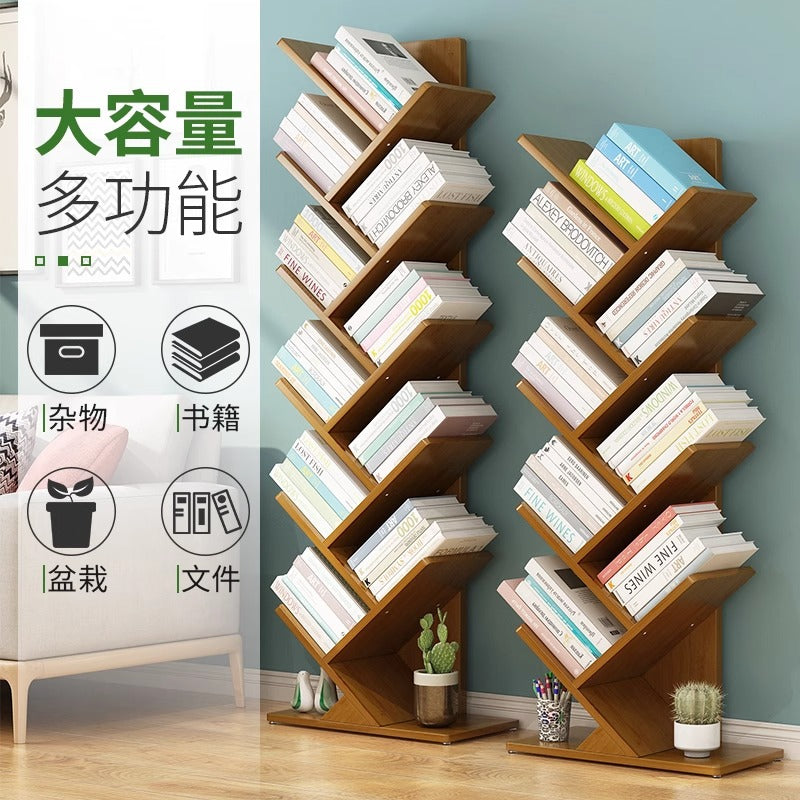 竹庭简易小书架置物架落地多层学生创意树形书柜客厅家用收纳窄架Bamboo Courtyard Simple Small Bookshelf and Storage Unit – Freestanding Multi-tiered Student-Style Creative Tree-shaped Bookcase for the Living Room – Narrow Home Storage Unit