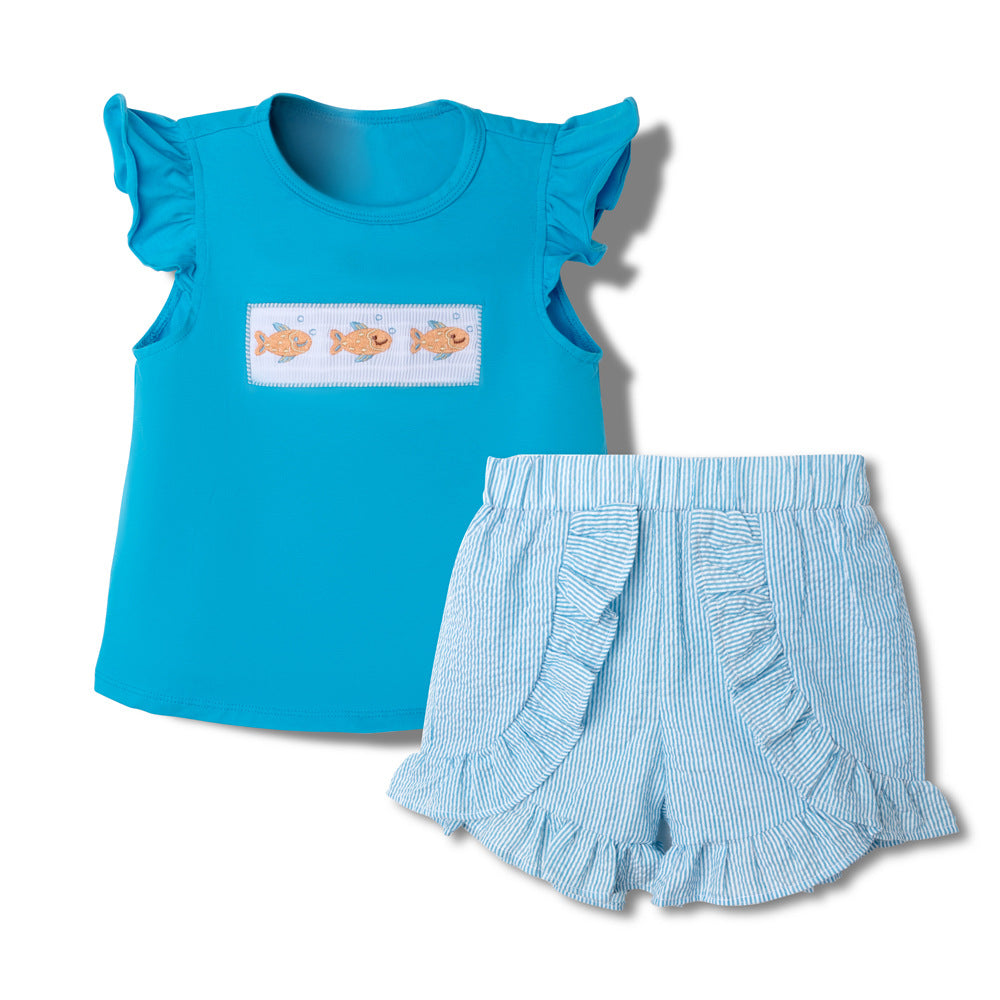 女童打揽刺绣套装飞袖小鱼绣花短袖花边短裤 Girls' Embroidered Set with Flare Sleeves, Small Fish Embroidery, Short-Sleeved Top, and Lace Shorts