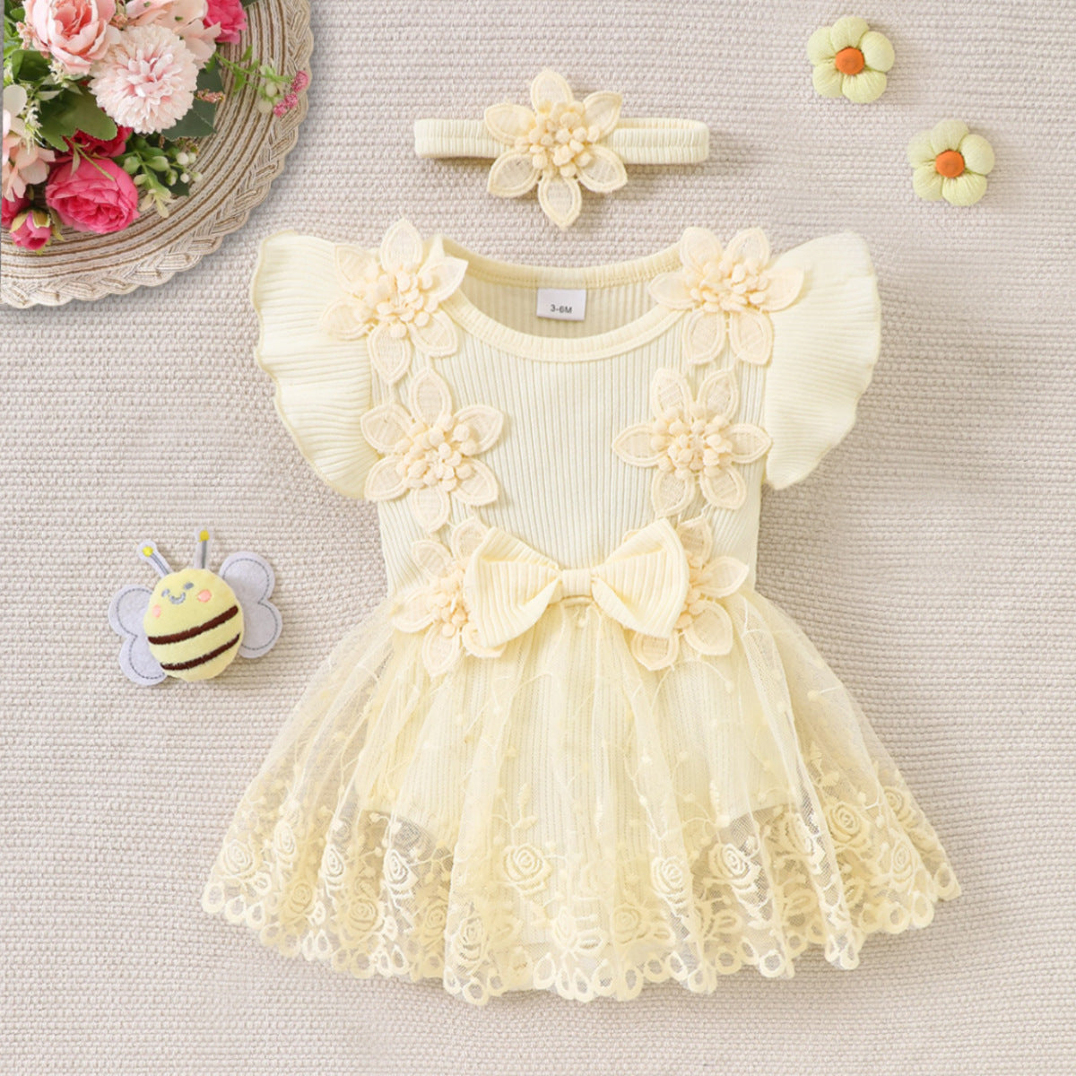 婴幼女童花朵哈衣新生儿蕾丝网纱哈裙连体衣Floral Rompers for Infants and Toddler Girls; Lace Tulle Skirt Rompers for Newborns