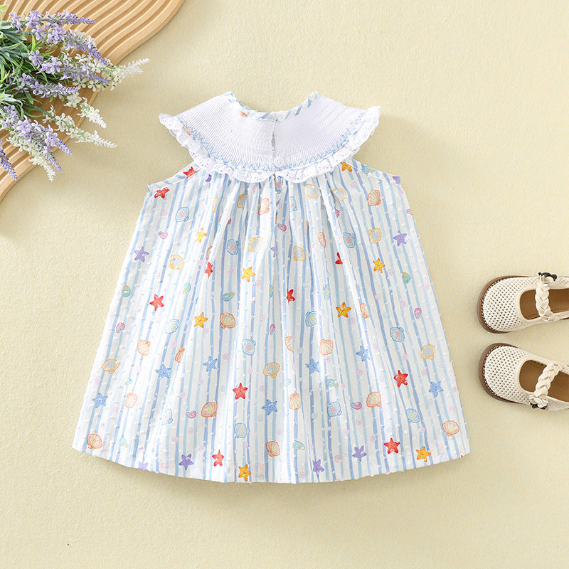 女童夏季棉布打揽连衣裙海星贝壳刺绣公主裙飞飞袖童裙 Girls' Summer Cotton Ruffle Dress with Starfish and Seashell Embroidery, Princess-Style Dress with Flowy Sleeves